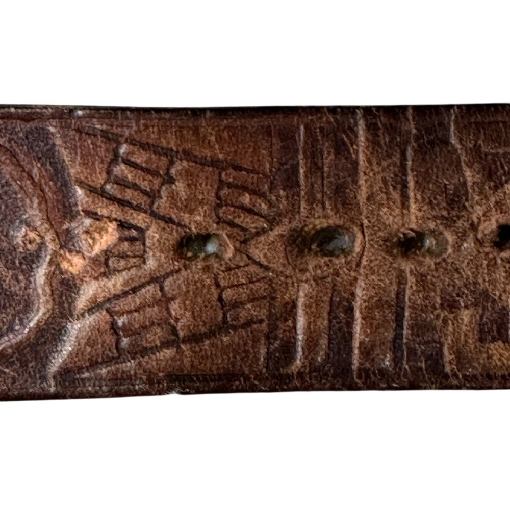 Western Men's Leather Tooled American Indian‎ Headdress Detail No Buckle Belt - Picture 8 of 13